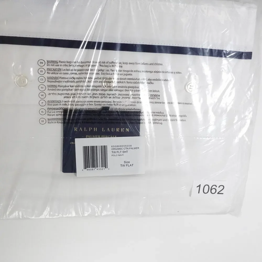 New Ralph Lauren Organic Cotton Percale Palmer Twin Flat Sheet White/Polo Navy